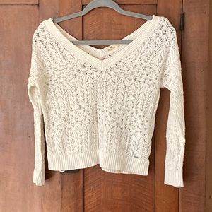 Cream colored pointelle v-neck sweater-slightly cropped